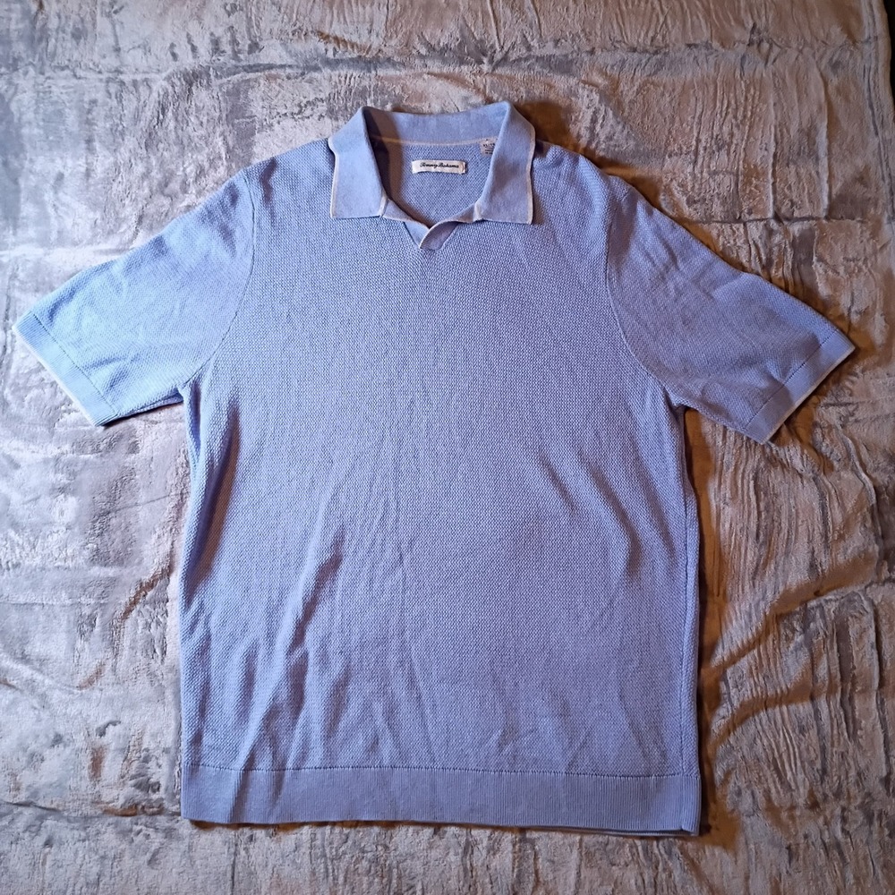 Tommy Bahama Mens XL Blue Silk Blend Textured Knit Short‎ Sleeve Polo Shirt